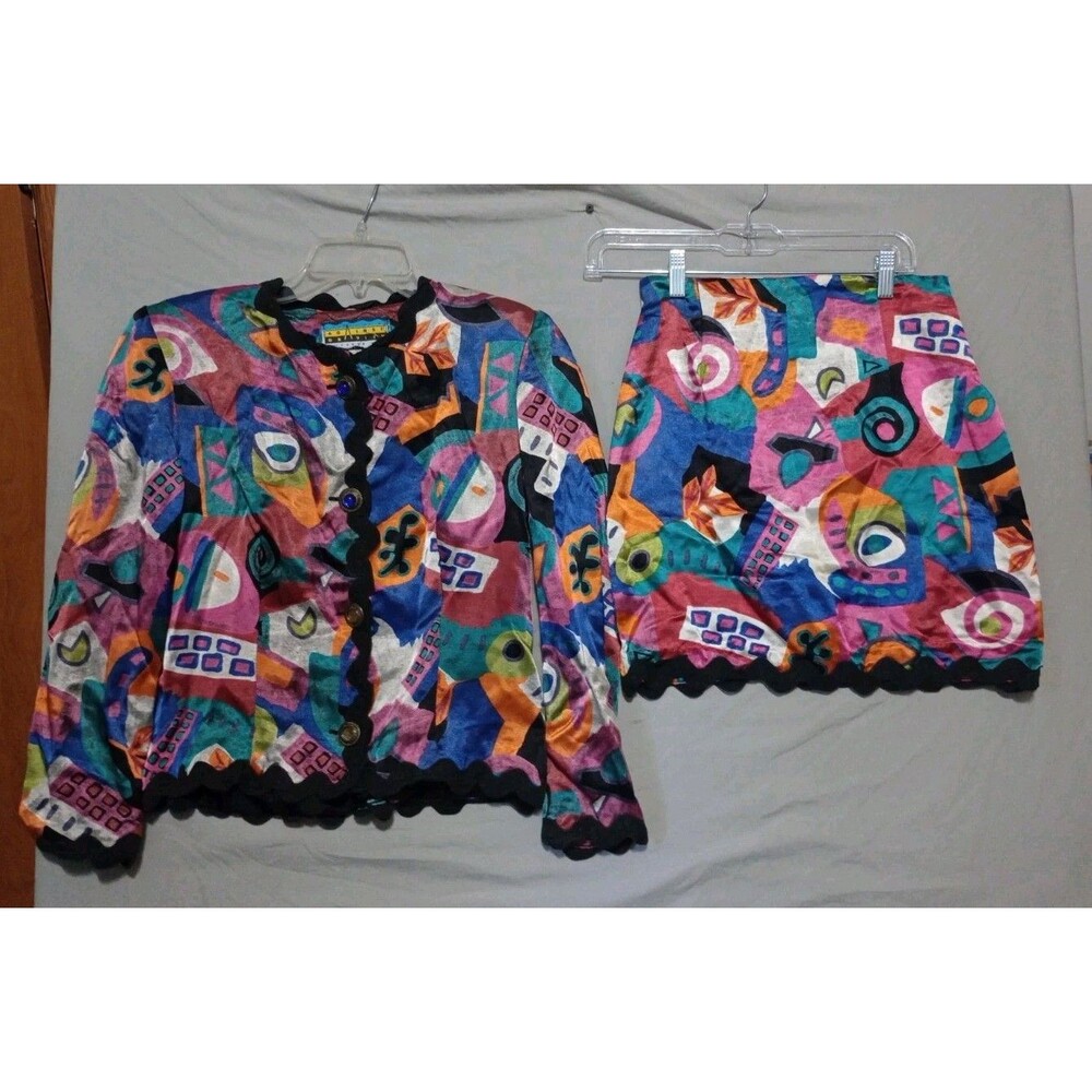 Vtg 90s Against Gravity Vivid Abstract Jacket/Skirt Zig Zag Trim Boho Pop Art